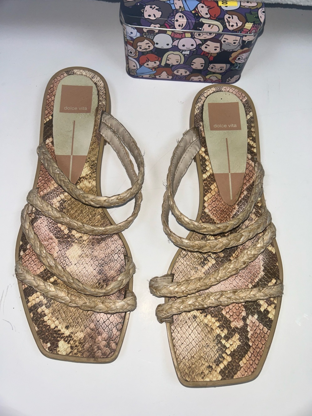 Dolce Vita Braided Snake-Print Slide Sandals in Beige and Tan